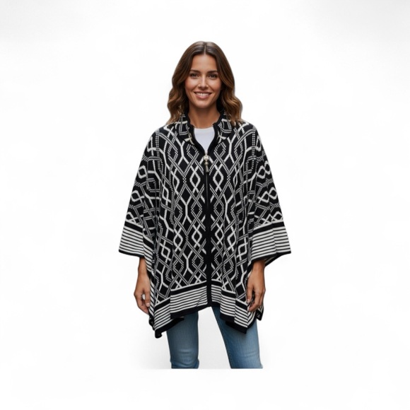 Anne Klein Black White Graphic Sweater Poncho 1/4 Zip 3X Classy Cozy Fall Winter - Picture 1 of 7
